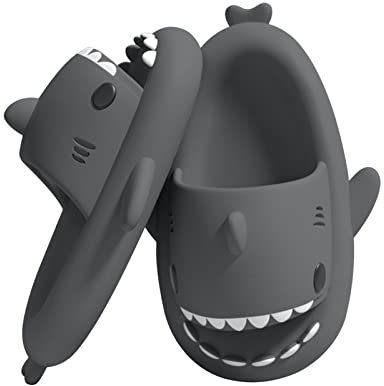 Puimentiua Damen Hai Hausschuhe Schlappen,Shark Slippers Slides,Herren Sharky Schuhe Latschen,Lustig Haifisch Badelatschen | 02- Dunkelgrau,46-47 EU