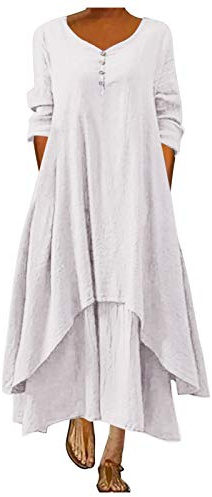 Linneklänning dam lång höstklänning dam bomull blusklänning med knappar skjortklänning långärmad enfärgad oregelbunden fåll skjortklänning swing strandklänningar eleganta fritidsklänningar för
