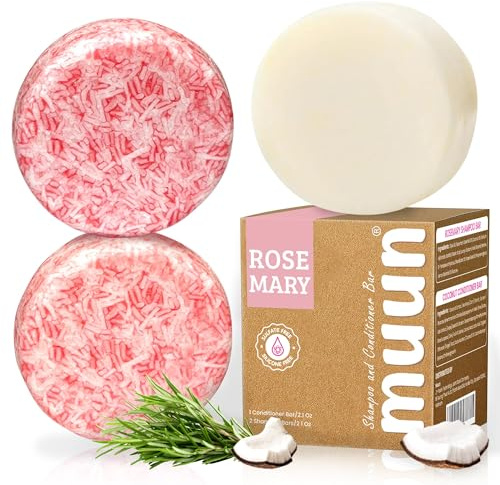 Muun Rosemary Shampoo and Conditioner Bar Set 3 - Natural Solid Hair Growth Soap Bars for Women with Straight, Curly or Thinning Hair for Anti-Hair Loss, Regrowth, pH Balanced, Sulfate & Silicone Free