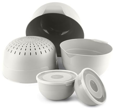 KADAX Lot de 5 saladiers en plastique avec couvercle, bols à salade, bols mélangeurs pour ranger les aliments, bols à fruits, bols de service empilables, blancs