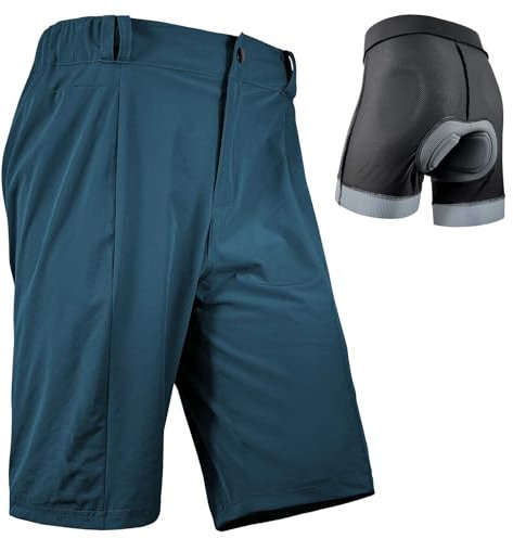 Wulibike Radhose Herren MTB Hose Kurz Fahrradhose Gepolstert 2 in 1 Mountainbike Shorts für Männer mit Polsterung Fahrrad Radfahrhose Reißverschlusstaschen Blau L