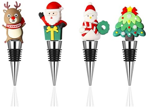 Wine Bottle Stopper,Christmas Alloy Wine Stopper, Decorative Wine Saver,Reusable Wine Corks Beverage Bottle Stoppers for Xmas Party Gift Bar Holiday Wedding Birthday (4 Styles)