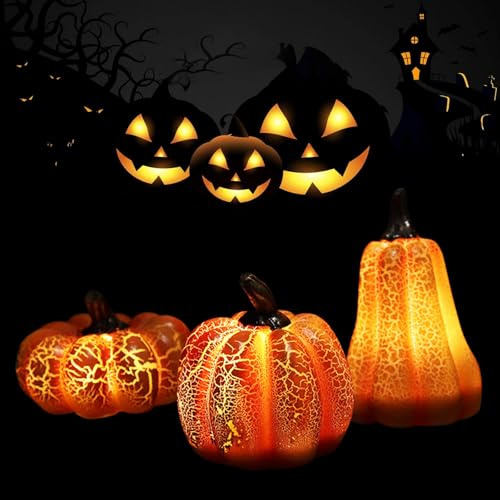 Lanterne Citrouille Lumière LED,3 Pièces Citrouille Lumineuse,Lampe Citrouille en Résine à LED,Décor Lumière Citrouille pour Halloween,Salle à Manger,DéCoration de la Maison.