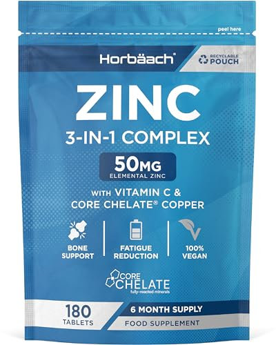 Triple Zinc Complex 50mg | Zinc Tablets High Strength | High Absorption | Picolinate, Citrate & Gluconate with Vitamin C & Copper | One-a-Day Formula - 6 Month Supply | 180 Vegan Tablets | by Horbaach