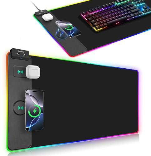 Wireless Charging Mouse Pad, RGB Gaming Mousepad, 31.5x15.7 Extra Large Desk Pad, 13 Light Modes, Ultra-Smooth Surface, Non-Slip Base, Waterproof Computer Keyboard Mat for MacBook, PC, Laptop, Black