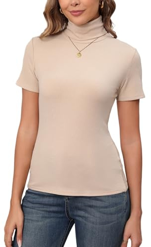 Enjoyoself Maglione Maniche Corte in Cotone Collo Alto Pullover Elegante a Maglieria-Beige/M