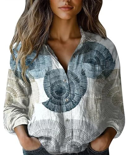 Camicia di Lino Donna Elegante Manica Lunga Camice Cotone E Lino Fantasia Camicie Curvy Casual Tunica Floreale con Bottoni Blusa Estiva Leggera Top Taglie Forti Vintage Camicette Offerte Boho
