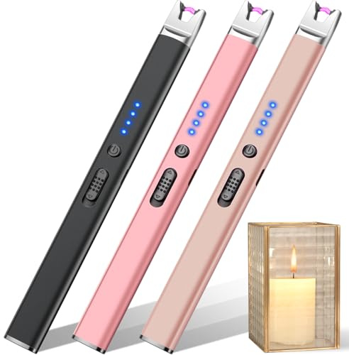 3 Pack Electric Candle Lighter, Long Stick Lighter USB C Rechargeable for BBQ Scented Candles, Electronic Flameless Pen Lighters, Gifts for Women Mom Her