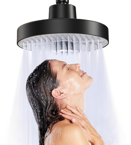 JINYOMFLY Pommeau de Douche Pluie 17,5cm, 5 Modes Pomme de Douche Haute Pression, Rond Tete de Douche Anti Calcaire, Noir