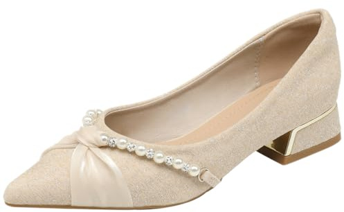 Escarpins Élégants pour Femme à Bout Pointu Ornés de Perles - Talon Bloc 3cm, Tissu Scintillant Disponible en Noir Classique et Beige Sophistiqué,Beige,36 EU