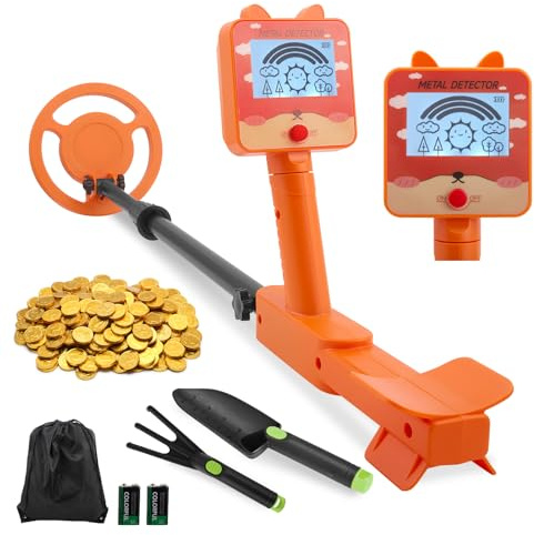 Detector Metales Niños, Ligero Detector de Metales para Niños con Altura Ajustable, Pantalla LCD y Bobina de Búsqueda Impermeable, Alta Sensibilidad, Pala, Rastrillo y Bolsa