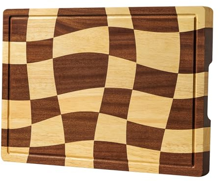 THETCHRY Cutting Boards for Kitchen, Checkered Cutting Board with Juice Grooves, End Grain Cutting Board for Meat and Vegetables, Large Butcher Block Serving Tray with Gift Box, 16.5 x 11.6 x 0.8