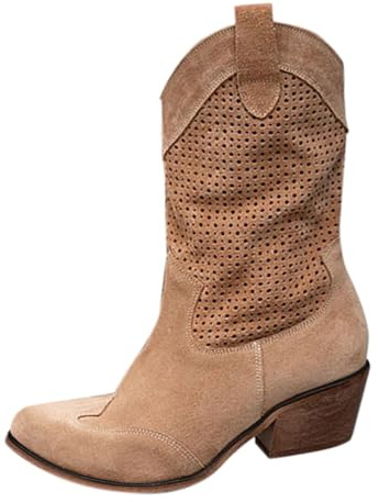 Botas Cowboy De Mujer Elegantes con Bordados Bordado Comodas Marrones Tacon Ancho Vaquera Tipo Negras Moda Casual Botas De Mujer Estilo Cowboy Piel Cuero Ideales Para Temporada Otono Invierno.