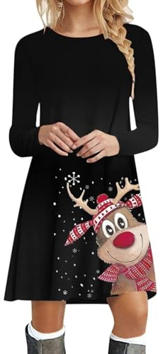 Robe Pull De Noel Femme Impression De Verre À Vin De Noël Robes à Manches Longues Tunique Robes Midi Confortable Et Douce Noels Mini Robe de Cocktail Soirée Fête