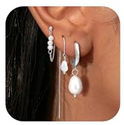 Turandoss 3 Pairs Silver Gold Pearl Drop Dangle Earrings Set for Women | 14K Gold Plated Hypoallergenic Pearl Hoops Earrings Natural Pearl Drop Dangle Threader Earring Cartilage Chain Earring Stack