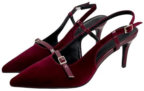 FQLGJMY Dam spetsig tå slingback klackar lappverk patent stilett slip-on pumpar med spänne rem klänning arbetsskor för våren sommaren 8,9 cm