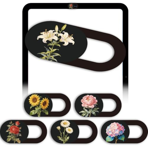 PRESSINART 6 pezzi 6 Stili Copriobiettivo per Fotocamera Carino A Scorrimento Fiori 0.04 pollici Ultra Sottile Copriobiettivo per Fotocamera per Computer Mini PC Desktop Tablet Daisy Rose Girasole Pla
