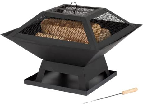 Marco Paul Outdoor Garden Fire Pit BBQ Grill Patio Fire Pits for Garden, Outdoor Portable Heater Firepit Square Brazier Garden Fire Pit With Poker Black Square Metal