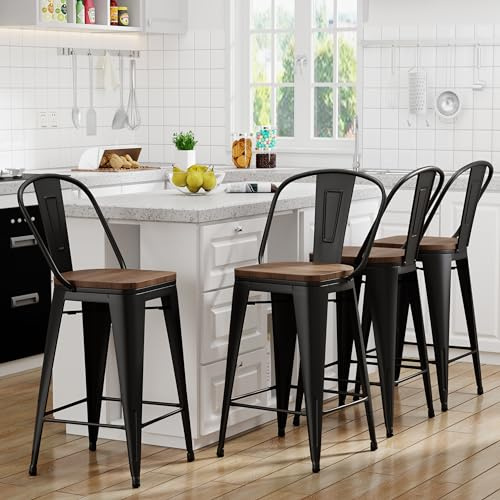 Yongqiang Barstools Set of 4 Counter Height Bar Stools for Kitchen Island Farmhouse Metal High Back Bar Chairs Wooden Seat 24 Matte Black