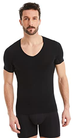 FINN Herren Funktions-Unterhemd mit V-Ausschnitt - Anti-Schweiß Shirt mit Einsätzen gegen Schweißflecken - Kurzarm Unterziehshirt Männer aus original Lenzing® Modal Stoff Schwarz S
