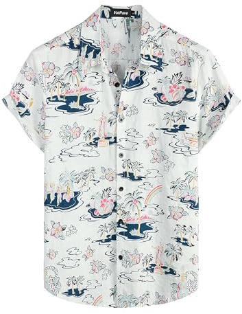 VATPAVE Mens Hawaiian Shirt Short Sleeve Button Down Shirts S White