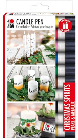 Marabu 1805000009881 - Candle Pen Set Christmas Spirits, 10 Kerzenpens á 25 ml, cremig, weiche Wachsmalfarbe, auf Wasserbasis, lichtecht, geruchsneutral, wetterfest, kinderleichte Kerzendeko