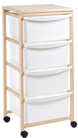 Carrello Multiuso in Legno di Faggio, 4 Cassetti Estraibili, Cassettiera Salva Spazio, 36x34xh82