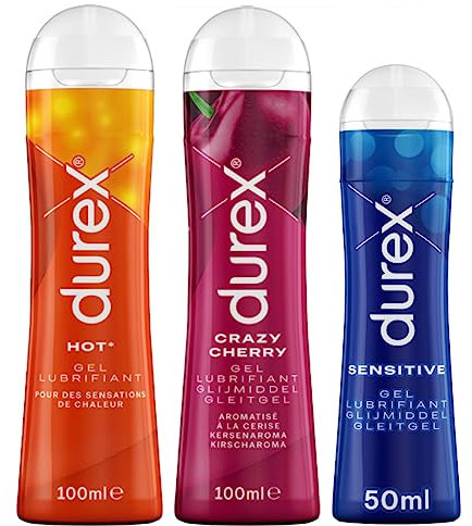 Durex - Lot De 3 Gels Lubrifiants Intimes - Hot Chauffant 100ml - Crazy Cherry Comestible 100ml - Sensitive Confort 50ml