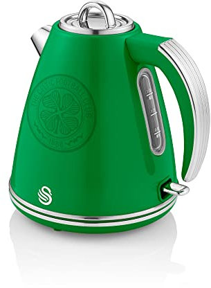 Swan Official Celtic Football Club Retro Jug Kettle, Green, 3000W, 1.5L Capacity, Celtic FC Kettle, Stainless Steel, Rotational Base, Cord Storage, SK19020CELN