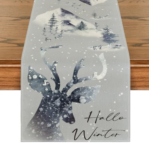 Artoid Mode Hallo Winter Rentier Schneegebirge Bär Schnee Weihnachten Tischläufer, Küche Tisch Dekoration Drinnen Urlaub Party Dekor 40x140 cm