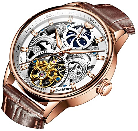 OLEVS Men's Skeleton Watch Luxury Dress Black Leather Silver Gold Tourbillon Moon Phase Automatic Mechanical Self-Winding Waterproof Luminous Wrist Watches