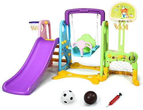 RELAX4LIFE All in 1 Centro Attività per Bambini, Parco Giochi con Scivolo, Altalena e Canestro, Set di Scivoli per Bambini da Giardino o Cameretta, Età 18 Mesi - 5 Anni (Viola+Verde)