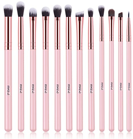 MSQ Eye Makeup Brushes Set with Soft Synthetic Hairs & Real Wood Handle for Eyeshadow, Eyebrow, Eyeliner, Blending (Pink), 12pcs
