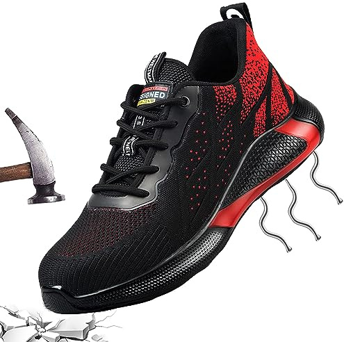 Tenis de Seguridad 42 Mujer Hombre Zapatillas de Trabajo Zapatos con Puntera de Acero Deportivo Comodas Sneakers de Industria y Construcción para Verano Rojo 226