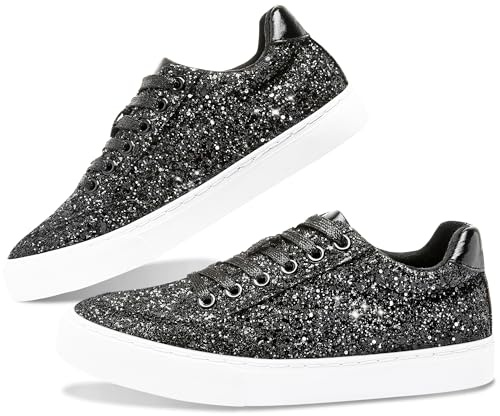Jeekopeg Glitter Sparkly Fashion Sneakers Shoes Shiny Casual Shoes Bling Sequin Concert Low Cut Lace up Shoes(Black Glitter,9 Women/7.5Men)