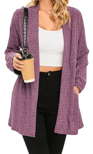 iChunhua Long Cardigan for Women Open Front Raglan Sleeve Thin Soft Oversized Sweater Coat with Pockets Burgundy XX-Large