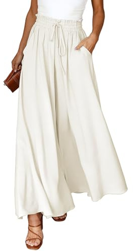 Voqeen Dambyxor, sommar, lätta, lediga, palazzo, breda byxor, fritidsbyxor, eleganta, enfärgade, marlenebyxor, vida ben, byxor med hög midja, elastiska fickor, dragsko, Beige, XL