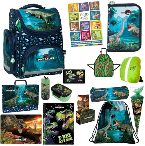 Goldkids - Schulranzen für Jungen und Mädchen, 15er-Set - Schul-Rucksack für Kinder mit Federmäppchen - Schuhbeutel Malunterlage Sammelmappe und Hausaufgabenheft - Dinosaurier Motiv - 1-3 Klasse