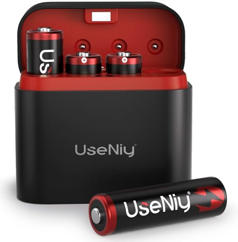 UseNiy Lithium AA Akku mit Ladegerät, wiederaufladbare AA Batterien 4 stück, 3600mWh hohe Kapazität 1.5V AA Batterien, langlebige Lithium Mignon AA Batterien mit integrierter Ladung-Aufbewahrung Box