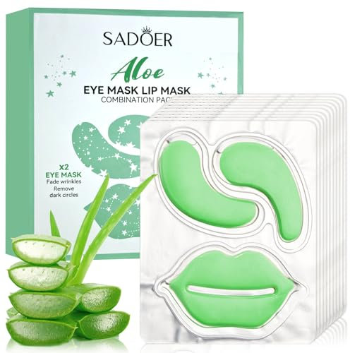 Aloe Vera Augenpads und Lippenmaske, mit Hyaluron &Aloe Vera Extrakt, Aloe Vera Eye Pads mit Lip Mask, Lippenpflege, Augenpads Gegen Augenringe, Falten, Tränensäcke, Anti Aging, Schwellung