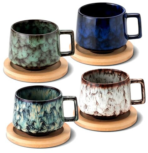 TELANKS 4er Set Espressotassen mit Holzuntertassen 190 ml aus Steingut | Dickwandige Keramik für lange Wärmespeicherung, Spülmaschinenfest für Espresso, Cappuccino, Latte, Americano & Tee