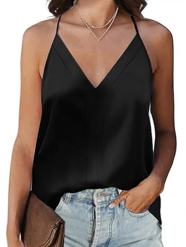 Koerye Mujer Camisetas Sin Mangas de Verano Camiseta de Tirantes Top Satén Chalecos Interiores con Cuello en V Blusa Camisola Básica Casuales Shirt(Negro,M)