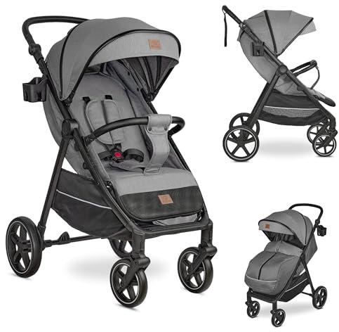 BRONEA® MAXIME 2.0 Kinderbuggy MIT LIEGEFUNKTION | Reisebuggy klappbar bis 22kg | Wendige Räder | Leichter Buggy | Mit abnehmbaren Verdeck | Großer Korb | Grau-Schwarz