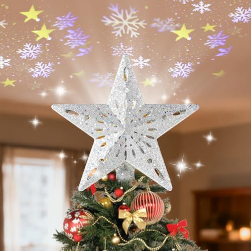 Stella per Albero di Natale, Diealles Shine Argento Puntale per Albero di Natale, Christmas Tree Stella con Luci Proiettore per Decorazioni (24 x 26 cm)