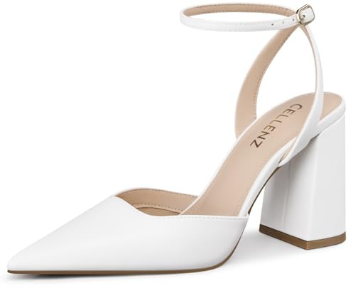 CELLENZ Women Chunky Heel Pumps: Dressy Pointed Toe Dress Shoes - White Strappy Wedding Heels - Closed Toe Bridal Guest High Heels Size 7.5