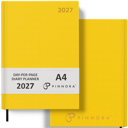 Pinnora Diary 2027 A4 Day Per Page, Yellow Year Planner Organiser 2027 Day Per Page, 2027 Planner, Home, School & Office, Hard Back 2027 Diaries, A5 & A4 2027 Diary in Day Per Page & Week To View