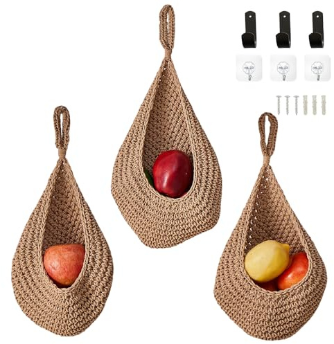 Hojalis Lot de 3 corbeilles à fruits à suspendre pour cuisine, corbeille murale en corde de coton avec 6 crochets, paniers de rangement à suspendre en forme de goutte d'eau pour cuisine, garde-manger