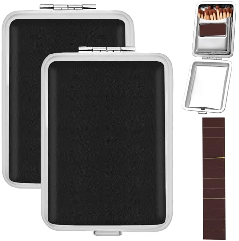 2Pcs Metal Match Box Case with Friction Plate, Portable Matchstick Holder Storage Case Reusable One Button Dampproof Fireplace Starter Stainless Steel for Outdoor Camping