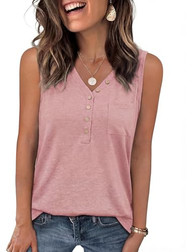 Aottori Canotta Donna Senza Maniche Lunga Top Scollo a V Estiva Canottiera Spalla Larga Bottoni con Tasche Tank Top Larga Basic Tinta Unita Casual Rosa M