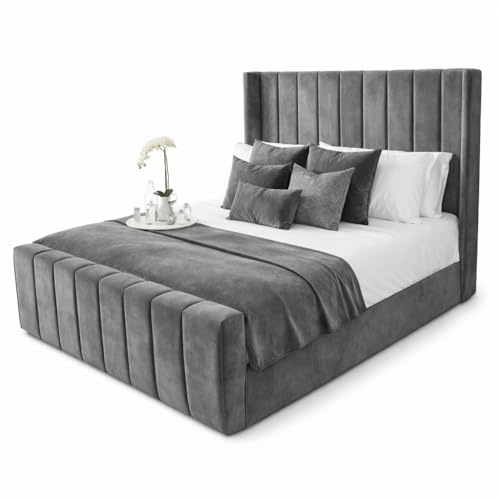 Atomic Sleep Ltd Luxury Upholstered Velvet Ottoman Bed Frame with Gas Lift Storage | Modern Designer Furniture | UK Sizes (Grey plush, 4ft6 double with gas lift)